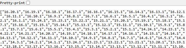 Tarayıcıda versions.json adresi açık: en üstte Pretty-print kutusu, altında tırnak içindeki sürüm numaralarından oluşan uzun bir liste: 16.20.1, 16.19.1, 16.18.1 ve devamı.