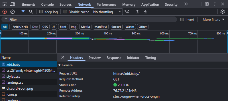 Network sekmesinde solda istek listesi: xdd.baby seçili, altında css2?family=Inter, styles.css, landing.css, discord-soon.png, icons.js. Sağda Headers sekmesi, General bölümü: Request URL https://xdd.baby/, Request Method GET, Status Code yeşil noktayla 200 OK, Remote Address 76.76.21.21:443, Referrer Policy strict-origin-when-cross-origin.