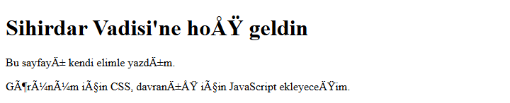 Meta satırı olmayan ilk sayfa bozuk harflerle: başlıkta Sihirdar Vadisi'ne hoÅŸ geldin, altında Bu sayfayÄ± kendi elimle yazdÄ±m ve GÃ¶rÃ¼nÃ¼m iÃ§in CSS, davranÄ±ÅŸ iÃ§in JavaScript ekleyeceÄŸim yazıyor.