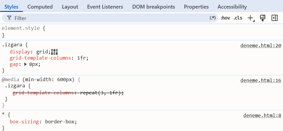 DevTools Styles bölmesi. En üstte deneme.html satır 20'deki izgara kuralı: display grid, grid-template-columns 1fr, gap 8px. Altında deneme.html satır 16'daki @media (min-width: 600px) kuralı; içindeki grid-template-columns: repeat(3, 1fr) satırının üstü çizili.