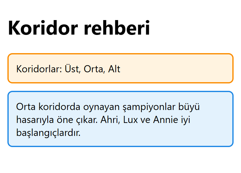 Viewport satırı olan sayfa telefonda: büyük Koridor rehberi başlığı, kutular tek sütun hâlinde alt alta, yazılar okunur boyutta.