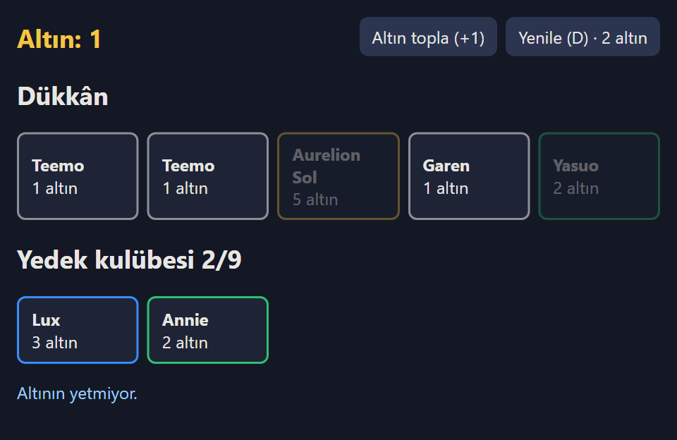 Dükkânda Altın: 1. Aurelion Sol ve Yasuo kartları soluk; Teemo, Teemo ve Garen normal. Yedek kulübesinde Lux ve Annie var. Altta Altının yetmiyor yazıyor.