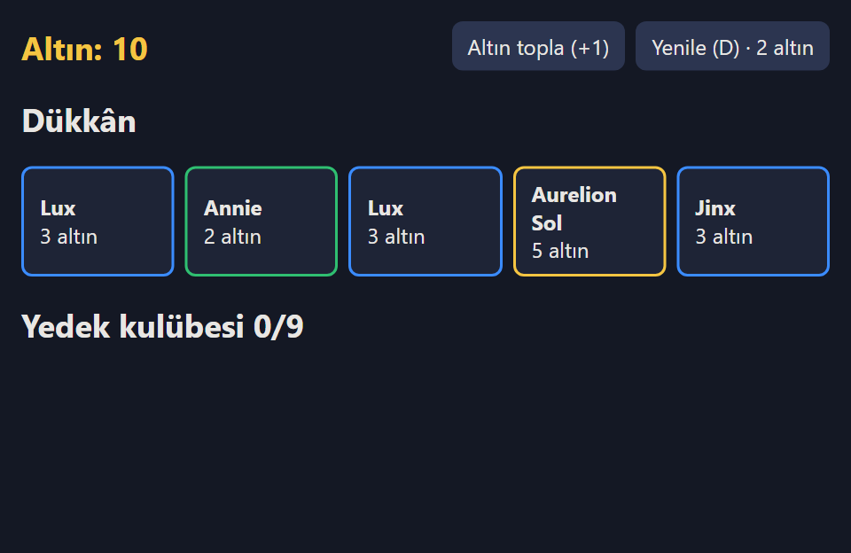 Koyu zeminli dükkân: solda sarı Altın: 10 yazısı, sağda Altın topla ve Yenile düğmeleri. Altında beş kart: Lux 3 altın, Annie 2 altın, Lux 3 altın, Aurelion Sol 5 altın, Jinx 3 altın. En altta boş Yedek kulübesi 0/9.