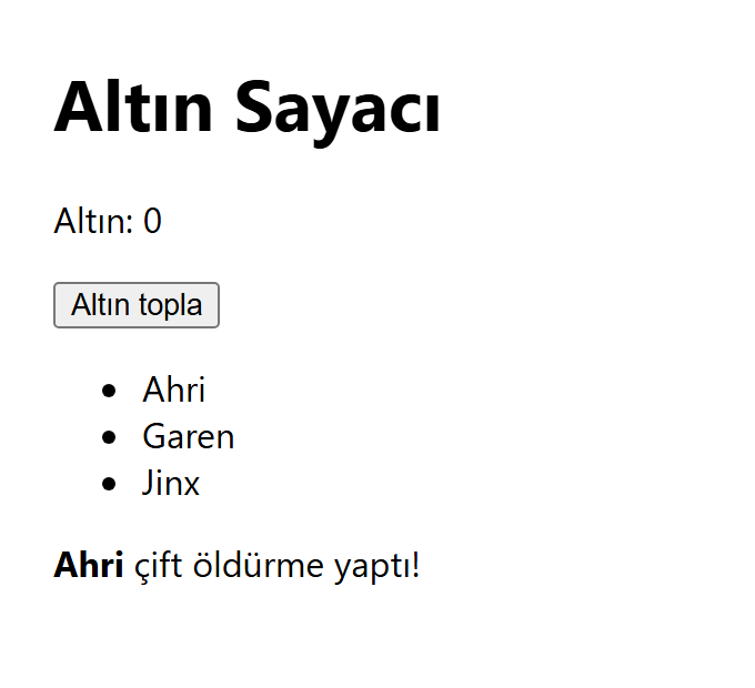 innerHTML ile: sayfanın altında Ahri kalın harflerle, ardından çift öldürme yaptı yazıyor.