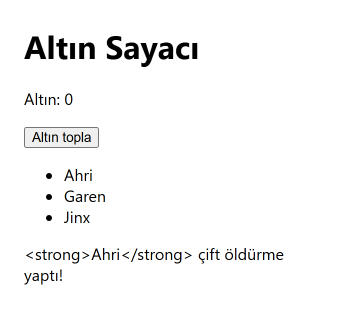 textContent ile: sayfanın altında harfi harfine strong Ahri strong çift öldürme yaptı yazıyor.