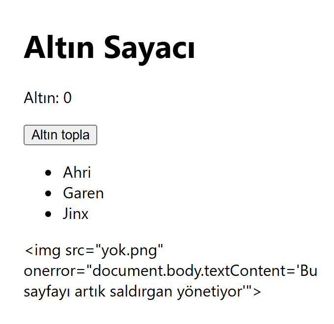 textContent ile: sayfa yerinde duruyor, en altta saldırı metni harfi harfine bir yazı olarak görünüyor.