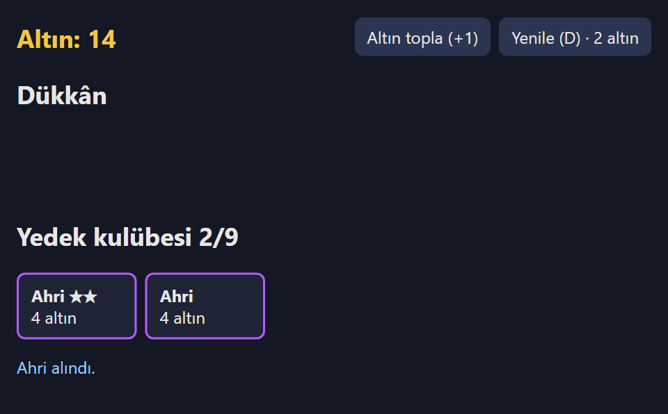 Dükkân boş, altın 14. Yedek kulübesinde iki yıldızlı Ahri ile tek yıldızlı Ahri kartları yan yana; altta Ahri alındı yazıyor.