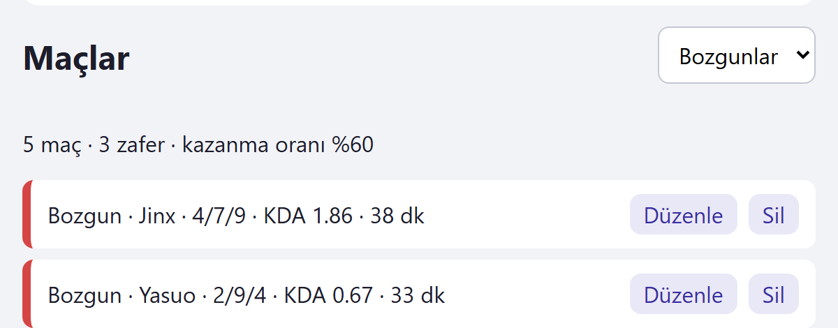 Maçlar bölümünde filtre Bozgunlar seçili. Özet 5 maç, 3 zafer, kazanma oranı yüzde 60 diyor; listede yalnız Jinx ve Yasuo'nun bozgunları görünüyor.
