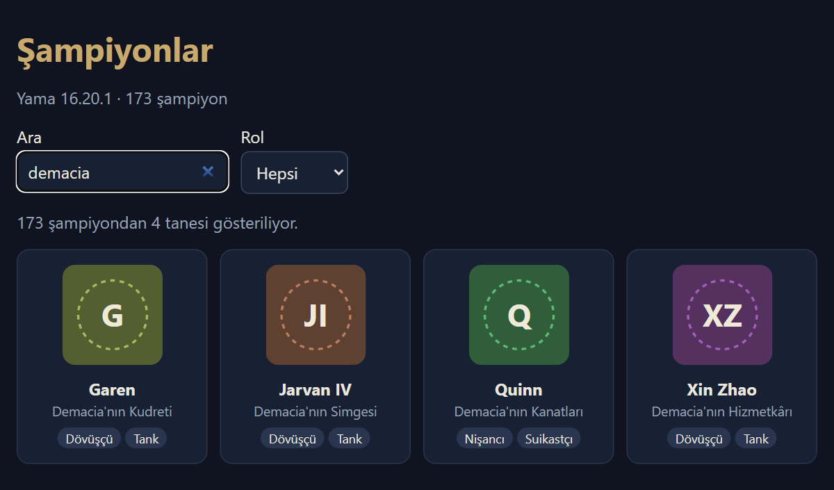 Arama kutusunda demacia yazıyor, Rol menüsünde Hepsi seçili. Altında 173 şampiyondan 4 tanesi gösteriliyor yazısı ve dört kart: Garen, Demacia'nın Kudreti, Dövüşçü ve Tank; Jarvan IV, Demacia'nın Simgesi, Dövüşçü ve Tank; Quinn, Demacia'nın Kanatları, Nişancı ve Suikastçı; Xin Zhao, Demacia'nın Hizmetkârı, Dövüşçü ve Tank.