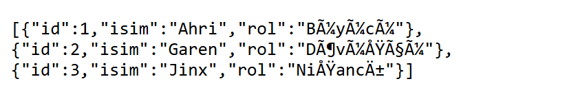 Tarayıcıda JSON metni; Büyücü, Dövüşçü ve Nişancı sözcüklerindeki Türkçe harfler Ã, Å ve Ä ile başlayan anlamsız karakterlere dönmüş.