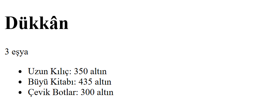 Dükkân başlıklı sayfa: 3 eşya yazısı ve Uzun Kılıç 350 altın, Büyü Kitabı 435 altın, Çevik Botlar 300 altın satırları.