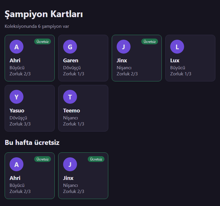 Şampiyon Kartları sayfası: Koleksiyonunda 6 şampiyon var yazısının altında altı kart, Ahri ve Jinx kartlarında yeşil Ücretsiz rozeti ve yeşil kenarlık. Altında Bu hafta ücretsiz başlığı ve yalnız Ahri ile Jinx'in kartları.