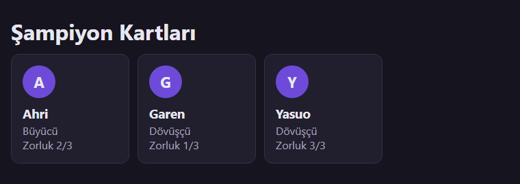 Üç farklı kart: A harfli Ahri, Büyücü, Zorluk 2/3; G harfli Garen, Dövüşçü, Zorluk 1/3; Y harfli Yasuo, Dövüşçü, Zorluk 3/3.