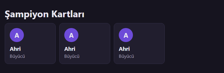 Şampiyon Kartları başlığının altında yan yana üç aynı kart: mor yuvarlakta A harfi, Ahri, Büyücü.