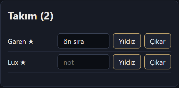 Takım (2): Garen satırının kutusunda ön sıra yazıyor, Lux satırının kutusu boş.