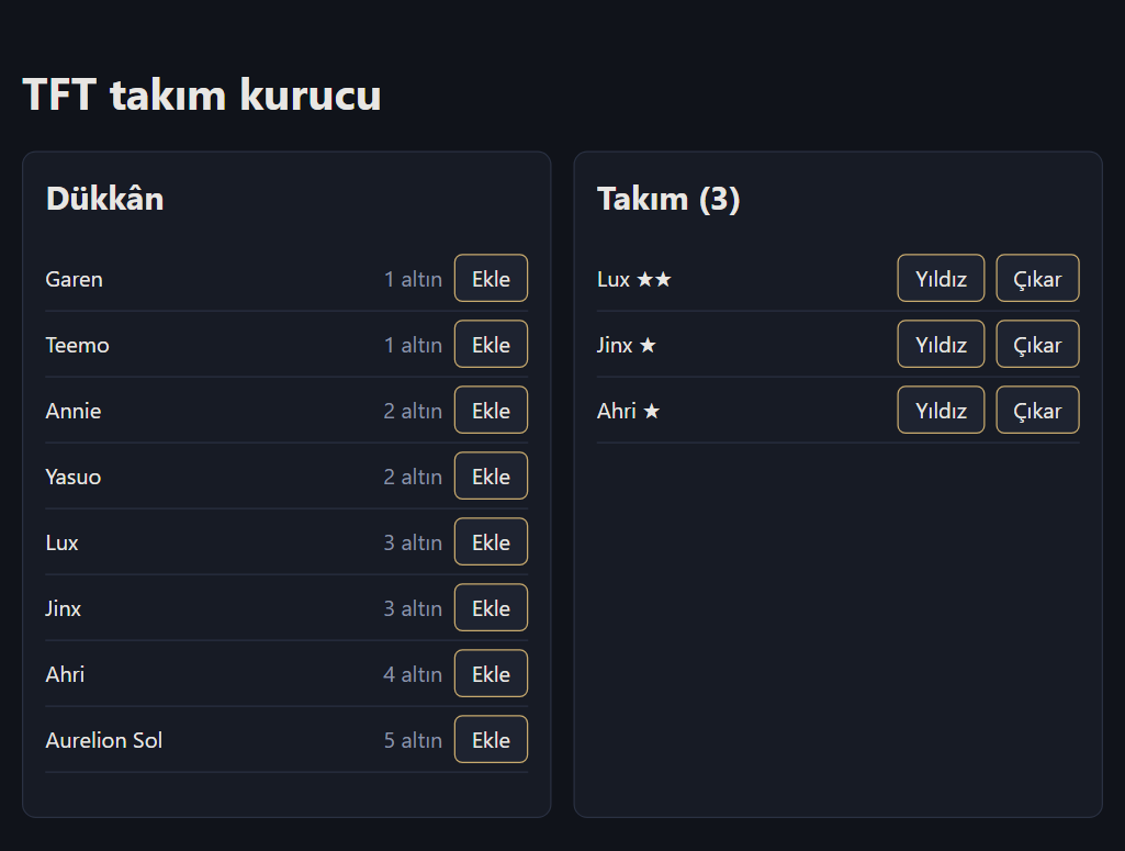 İki sütun. Solda Dükkân: sekiz birim, her birinin maliyeti ve Ekle düğmesi. Sağda Takım (3): Lux iki yıldız, Jinx bir yıldız, Ahri bir yıldız; her satırda Yıldız ve Çıkar düğmeleri.