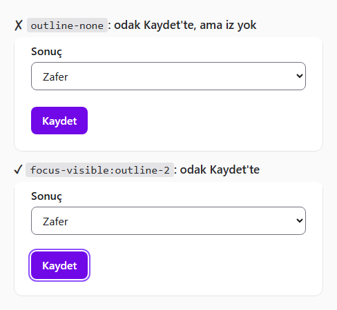 Formun alt kısmı iki kez, alt alta. Üsttekinde outline-none: odak Kaydet'te, ama iz yok yazıyor; Sonuç listesi ve Kaydet düğmesi sıradan görünüyor. Alttakinde focus-visible:outline-2: odak Kaydet'te yazıyor; Kaydet düğmesinin çevresinde biraz boşluk bırakılmış mor bir çerçeve var.