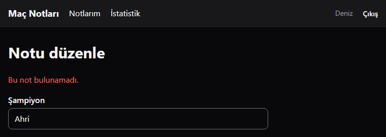 Koyu temada Notu düzenle sayfası. Başlığın altında kırmızı Bu not bulunamadı. yazısı, altında Şampiyon kutusunda Ahri.