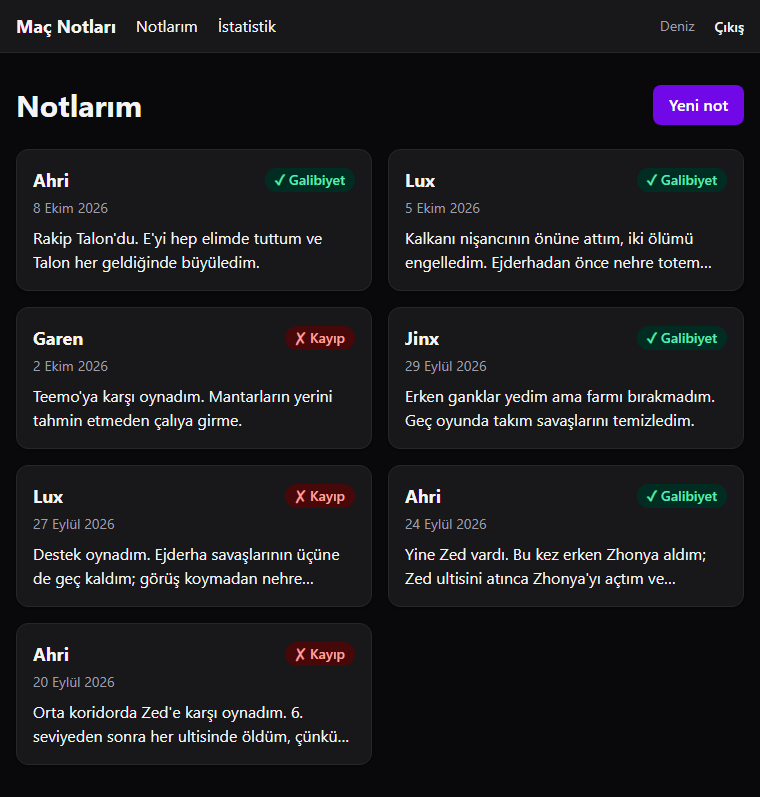 Notlarım başlığı ve sağda mor Yeni not düğmesi. Altında iki sütunlu kartlar: Ahri yeşil Galibiyet 8 Ekim 2026; Lux Galibiyet 5 Ekim; Garen kırmızı Kayıp 2 Ekim; Jinx Galibiyet 29 Eylül; Lux Kayıp 27 Eylül; Ahri Galibiyet 24 Eylül; Ahri Kayıp 20 Eylül. Her kartta notun ilk iki satırı.